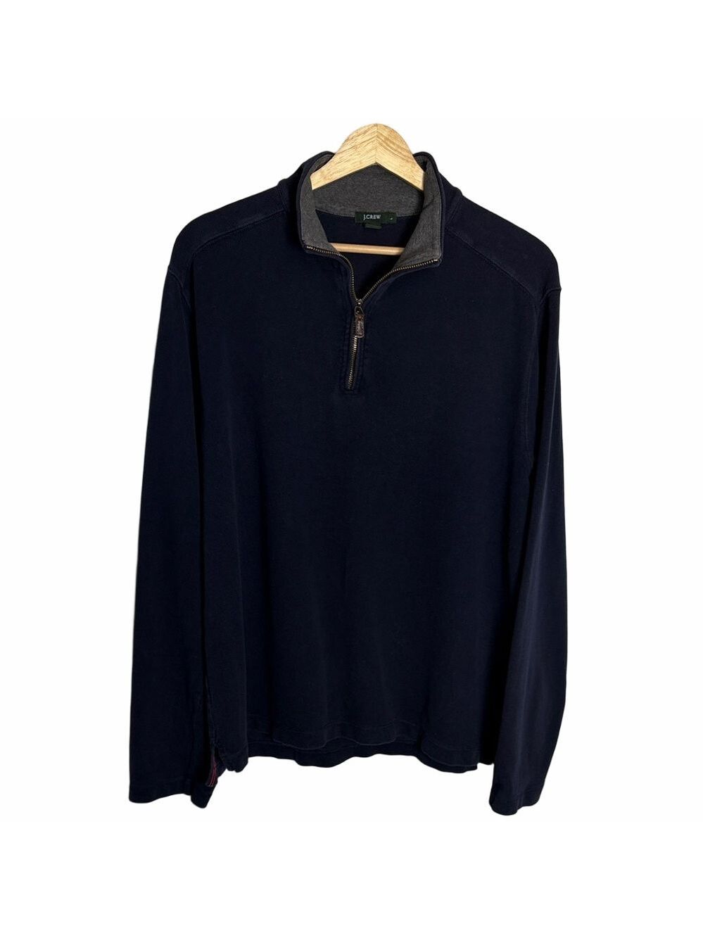 J Crew Men's Quarter-Zip Sweater Size L Navy Grey Cotton Soft Preppy Academia